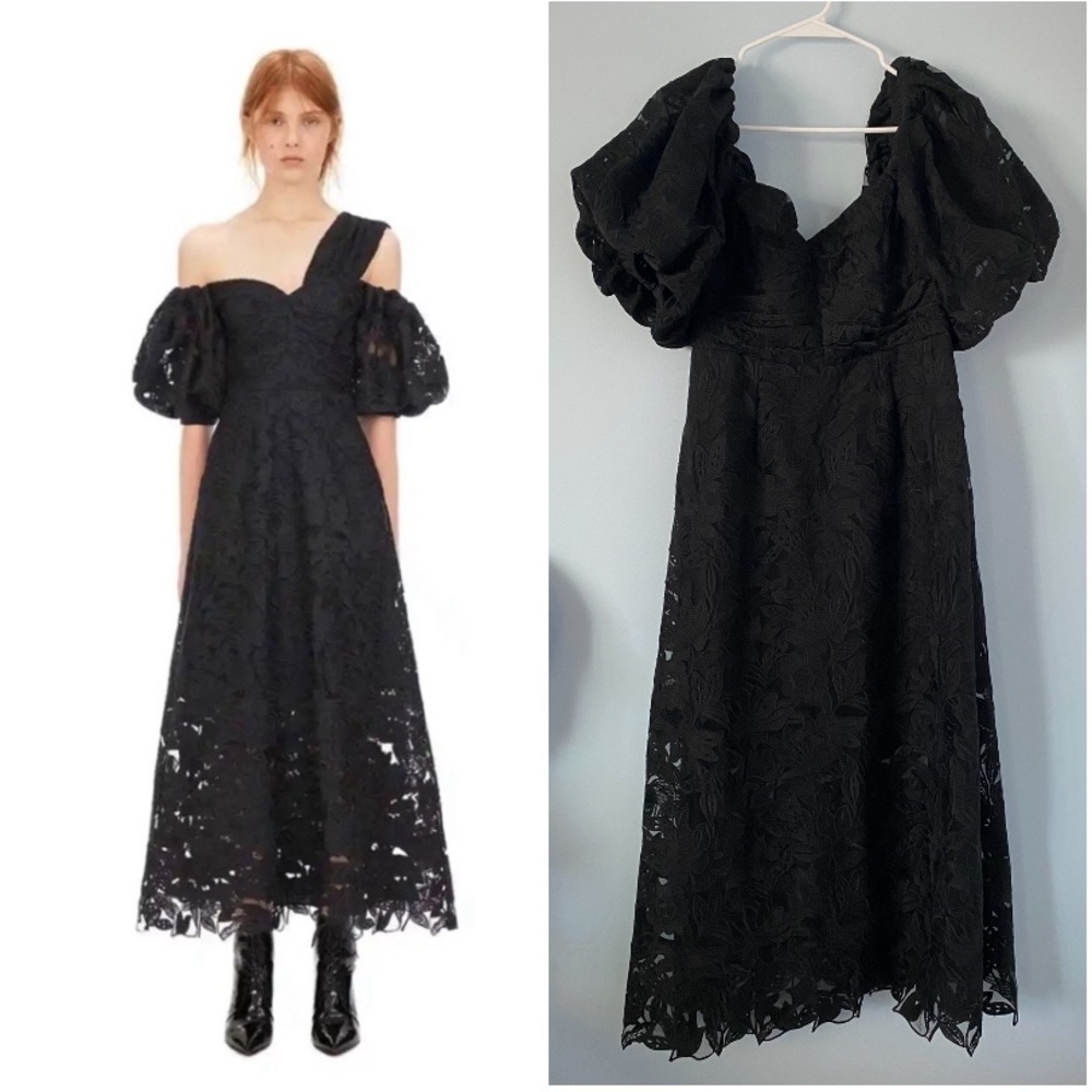 Self Portrait Black Puff Sleeve Leaf
Guipure Midi Dress